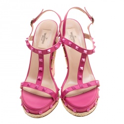 Pre Owned Valentino Pink Leather Rockstud T Strap Espadrille Wedges Size 38