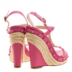 Pre Owned Valentino Pink Leather Rockstud T Strap Espadrille Wedges Size 38