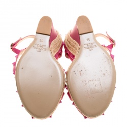 Pre Owned Valentino Pink Leather Rockstud T Strap Espadrille Wedges Size 38