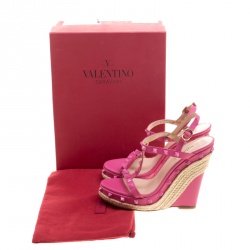 Pre Owned Valentino Pink Leather Rockstud T Strap Espadrille Wedges Size 38