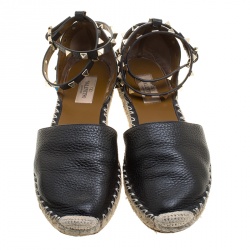 Pre Owned Valentino Black Leather Rockstud Espadrilles Size 38