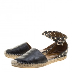 Pre Owned Valentino Black Leather Rockstud Espadrilles Size 38