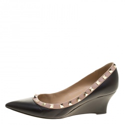 Pre Owned Valentino Black Leather Rockstud Pointed Toe Wedge Pumps Size 37