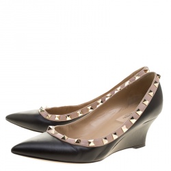Pre Owned Valentino Black Leather Rockstud Pointed Toe Wedge Pumps Size 37