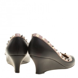 Pre Owned Valentino Black Leather Rockstud Pointed Toe Wedge Pumps Size 37