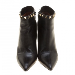 Pre Owned Valentino Black Leather Rockstud Pointed Toe Block Heel Ankle Boots Size 38