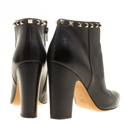 Pre Owned Valentino Black Leather Rockstud Pointed Toe Block Heel Ankle Boots Size 38