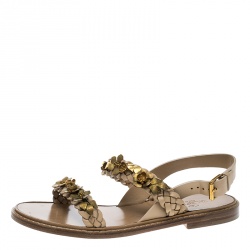 Pre Owned Valentino Beige Braided Leather Floral Embellished Flat Sandals Size 39