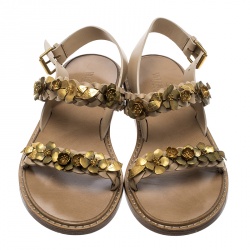 Pre Owned Valentino Beige Braided Leather Floral Embellished Flat Sandals Size 39