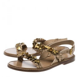 Pre Owned Valentino Beige Braided Leather Floral Embellished Flat Sandals Size 39