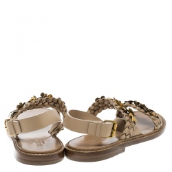Pre Owned Valentino Beige Braided Leather Floral Embellished Flat Sandals Size 39