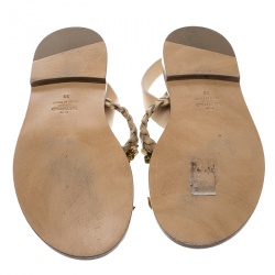Pre Owned Valentino Beige Braided Leather Floral Embellished Flat Sandals Size 39