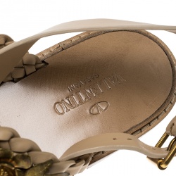 Pre Owned Valentino Beige Braided Leather Floral Embellished Flat Sandals Size 39