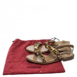 Pre Owned Valentino Beige Braided Leather Floral Embellished Flat Sandals Size 39