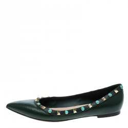 Pre Owned Valentino Myrtle Green Leather Rolling Rockstud Pointed Toe Ballet Flats Size 38.5
