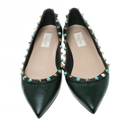 Pre Owned Valentino Myrtle Green Leather Rolling Rockstud Pointed Toe Ballet Flats Size 38.5