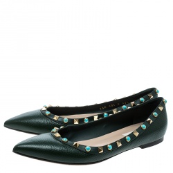 Pre Owned Valentino Myrtle Green Leather Rolling Rockstud Pointed Toe Ballet Flats Size 38.5