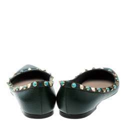 Pre Owned Valentino Myrtle Green Leather Rolling Rockstud Pointed Toe Ballet Flats Size 38.5