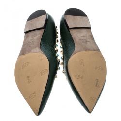Pre Owned Valentino Myrtle Green Leather Rolling Rockstud Pointed Toe Ballet Flats Size 38.5