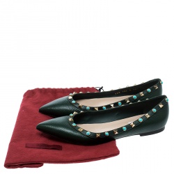 Pre Owned Valentino Myrtle Green Leather Rolling Rockstud Pointed Toe Ballet Flats Size 38.5