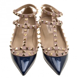 Pre Owned Valentino Blue Patent Leather T Strap Rockstud Pointed Toe Ballet Flats Size 35