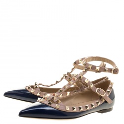 Pre Owned Valentino Blue Patent Leather T Strap Rockstud Pointed Toe Ballet Flats Size 35