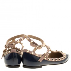Pre Owned Valentino Blue Patent Leather T Strap Rockstud Pointed Toe Ballet Flats Size 35