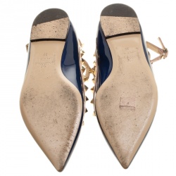 Pre Owned Valentino Blue Patent Leather T Strap Rockstud Pointed Toe Ballet Flats Size 35