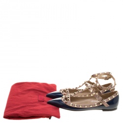 Pre Owned Valentino Blue Patent Leather T Strap Rockstud Pointed Toe Ballet Flats Size 35