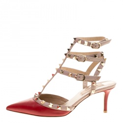 Pre Owned Valentino Red and Beige Leather Rockstud Sandals Size 36