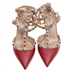 Pre Owned Valentino Red and Beige Leather Rockstud Sandals Size 36