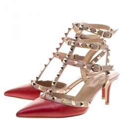 Pre Owned Valentino Red and Beige Leather Rockstud Sandals Size 36