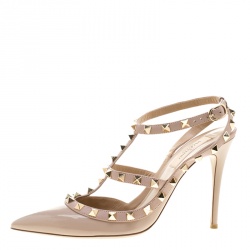 Pre Owned Valentino Beige Patent Leather Rockstud Sandals Size 38.5