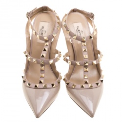 Pre Owned Valentino Beige Patent Leather Rockstud Sandals Size 38.5