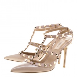 Pre Owned Valentino Beige Patent Leather Rockstud Sandals Size 38.5