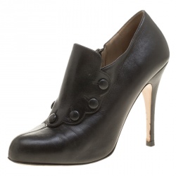 Pre Owned Valentino Black Leather Scalloped Button Embellished Booties Size 37