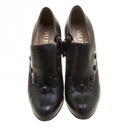 Pre Owned Valentino Black Leather Scalloped Button Embellished Booties Size 37