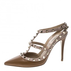 Pre Owned Valentino Brown and Beige Leather Rockstud Sandals Size 39.5
