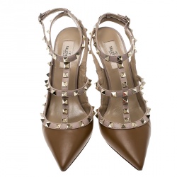 Pre Owned Valentino Brown and Beige Leather Rockstud Sandals Size 39.5