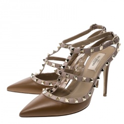 Pre Owned Valentino Brown and Beige Leather Rockstud Sandals Size 39.5