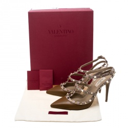 Pre Owned Valentino Brown and Beige Leather Rockstud Sandals Size 39.5