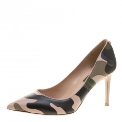 Pre Owned Valentino Two Tone Camouflage Leather and Canvas Pointed Toe Pumps Size 36.5