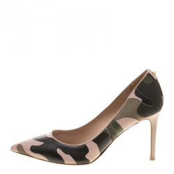 Pre Owned Valentino Two Tone Camouflage Leather and Canvas Pointed Toe Pumps Size 36.5