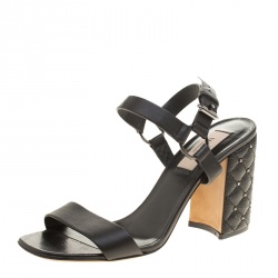 Pre Owned Valentino Black Leather Free Rockstud Spike Quilted Block Heel Ankle Strap Sandals Size 36