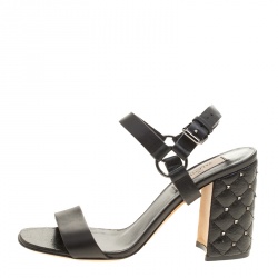 Pre Owned Valentino Black Leather Free Rockstud Spike Quilted Block Heel Ankle Strap Sandals Size 36