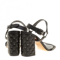 Pre Owned Valentino Black Leather Free Rockstud Spike Quilted Block Heel Ankle Strap Sandals Size 36
