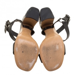 Pre Owned Valentino Black Leather Free Rockstud Spike Quilted Block Heel Ankle Strap Sandals Size 36