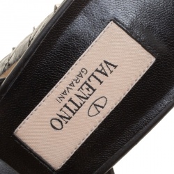 Pre Owned Valentino Black Leather Free Rockstud Spike Quilted Block Heel Ankle Strap Sandals Size 36