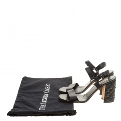 Pre Owned Valentino Black Leather Free Rockstud Spike Quilted Block Heel Ankle Strap Sandals Size 36