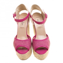 Pre Owned Valentino Pink Studded Leather Espadrille Wedge Ankle Strap Sandals Size 37